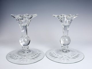 PAIR OF ETCHED GLASS CANDLESTICKS