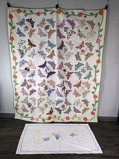 HANDMADE APPLIQUÃ‰ BUTTERFLY QUILTS, CHENILLE DUCK THROW, LACE TABLECLOTH