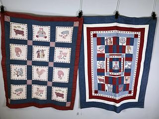TWO HANDMADE & EMBROIDERED CHILDâ€™S QUILTS WITH ADORABLE ANIMALS