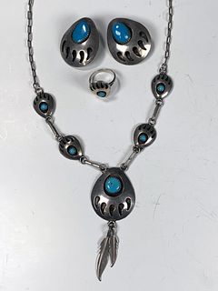 NATIVE AMERICAN BEAR CLAW TURQUOISE & STERLING SET