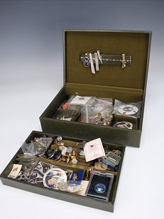 LOT OF PINS, CUFF LINKS IN VINTAGE JEWELRY BOX