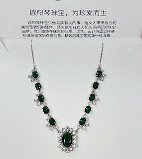 FAUX EMERALD & DIAMOND NECKLACE STERLING CHAIN