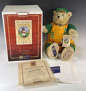 MAJOR LEAGUE BASEBALL COOPERSTOWN TEDDY IN ATHLETICS JERSEY IN BOX