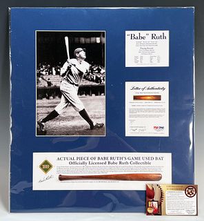BABE RUTH GAMES USED BAT PIECE WITH COA