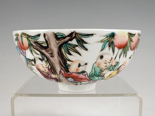 CHINESE PORCELAIN BOWL OF CHILDREN AT PEACH TREE