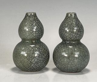 PAIR SMALL CRACKLE DOUBLE GOURD VASES