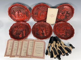 BRASS CHINESE CINNABAR PLATES WITH COAS AND STANDS