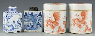 2 Chinese Porcelain Tea Caddies & 2 Porcelain Jars