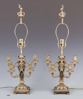 Pr. French Gilt Bronze Candelabra Lamps