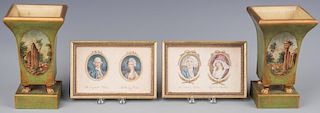 Pr. French Empire Style Tole Cachepots & Lithographic Portraits