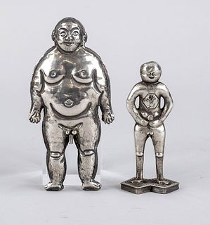 Fat man and small boy naked, China,