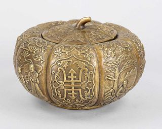 Gourd box, China, 20th c., brass wi