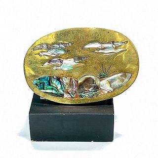 Brass Belt Buckle with Flying Geese Mother of Pearl Inlay