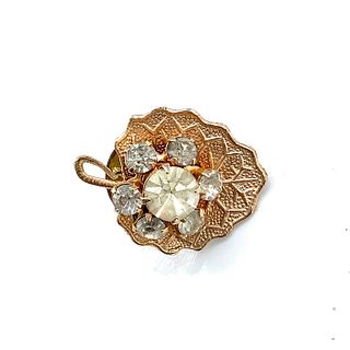 Cute Small Gold Tone Leaf With Rhinestone Flower Pin