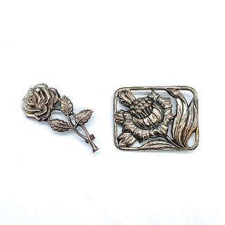 Set of Two Vintage Silver Tone Floral Pins