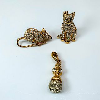 3 pcs. Rhinestone Cat and Mouse Pins and Necklace Pendant