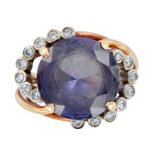 14K Yellow Gold Blue Sapphire and Diamonds Cocktail Ring