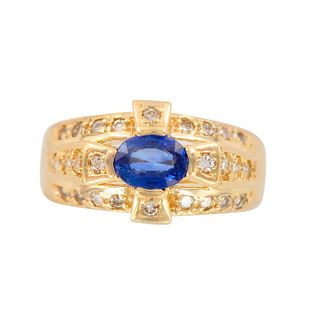14K Yellow Gold Diamonds and Blue Sapphire Statement Ring