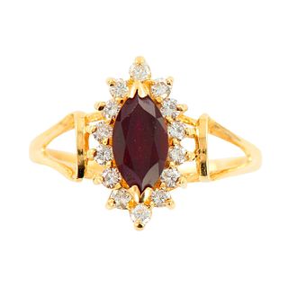 Marquise Cut Red Garnet Surrounded by Diamonds Ring, 14K