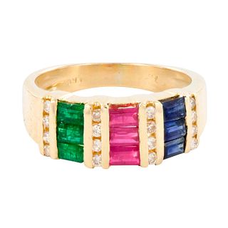 Fabulous 14K Gold, Diamond, Ruby, Emerald, and Sapphire Ring