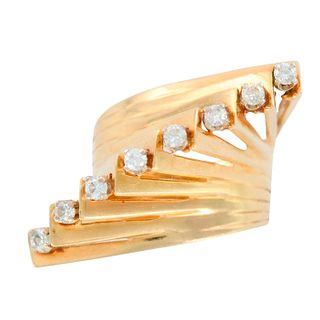 14K Yellow Gold Diamond Cocktail Ring Fan Shaped