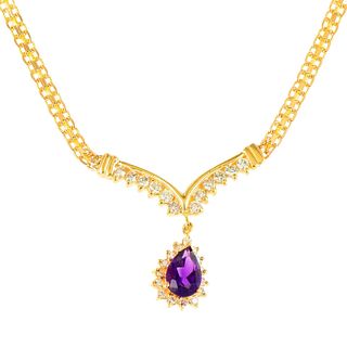 Elegant Italian Amethyst and Diamond Necklace, 14K