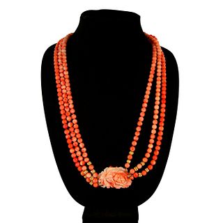 Vintage Carved Natural Angel Skin Coral Flower Necklace