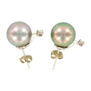 Tahitian Silver Pearl with Diamonds 14K Gold Stud Earrings