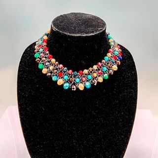 Colorful Bead and Gunmetal Scale Bib Necklace