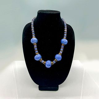 Doyle Lane Style Large Blue Ceramic and Brass Bead Necklace