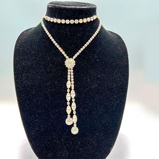 Elegant Silver with Clear Rhinestones Choker Lariat Necklace