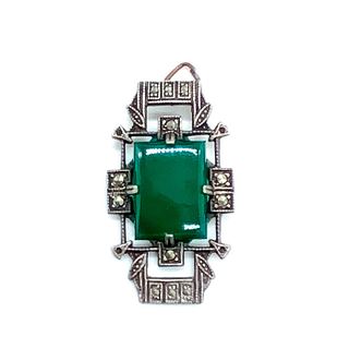 Art Deco Sterling Silver, Marcasite and Green Onyx Pendant