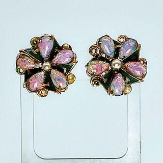 APC (French) Floral Gold Tone and Opal Screw Back Earrings