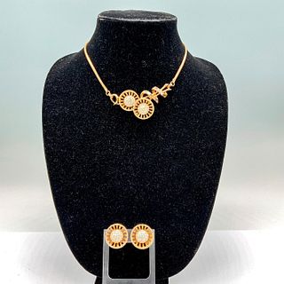 Coro Gold Flower Wheels Set Necklace and Screw Back Earrings