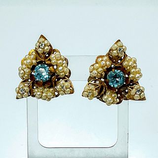 Floral Brass and Pearl Bead Triangular Clip On Earrings