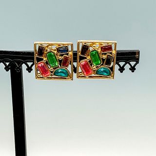 Pair of Colorful Gold Tone Gemstone Clip-On Earrings
