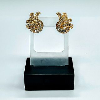 Pair of Retro Gold Tone and Gemstone Ribbon Clip-On Earrings