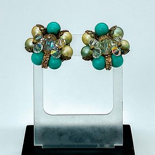 Retro Floral Aqua and Pearl Colored Beaded Clip On Earrings