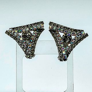 Triangular Iridescent and Smoky Rhinestone Clip On Earrings