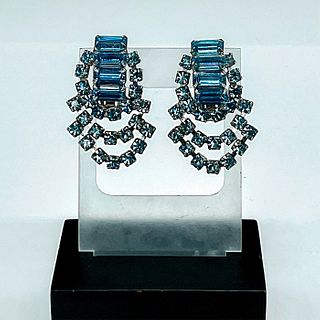 Vintage Aquamarine Rhinestone Drop Clip On Earrings