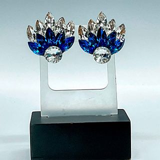 Vintage Clear and Cobalt Crystal Peacock Clip-On Earrings