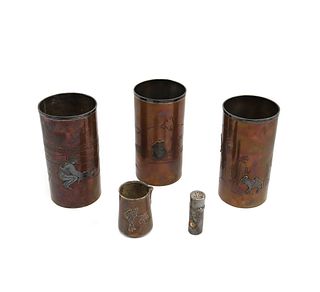 NO RESERVE - Victoria Taxco 5 Piece Mexican Copper and Sterling Silver Tumblers Set, Creamer, and Pepper Shaker with Southwest Pictorial Design (M1919