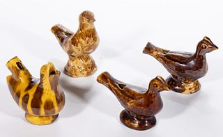ASSORTED EARTHENWARE / REDWARE FIGURAL BIRD WHISTLES, LOT OF FOUR