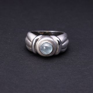 Heavy 18K White Gold & Blue Lace Agate Cabochon Ring