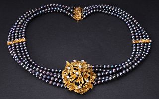 Elaborate 18K Yellow Gold Pearl & Diamond Choker Necklace
