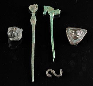 1st C. Roman Bronzes - 2 Pins, 2 Lion Heads + S Hook