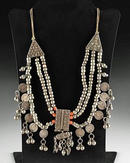 20th C. Yemenite Silver Necklace Beads, Bells & Coins