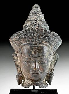 18th C. Thai Brass Buddha Head w/ Ornate Headdress