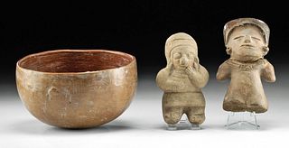 2 Jamacoaque Pottery Figures & Manteno Redware Bowl