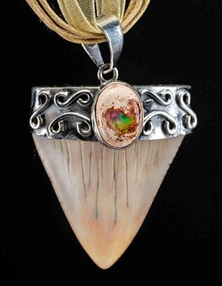 Mexican Opal, Silver, & Fossilized Shark Tooth Pendant